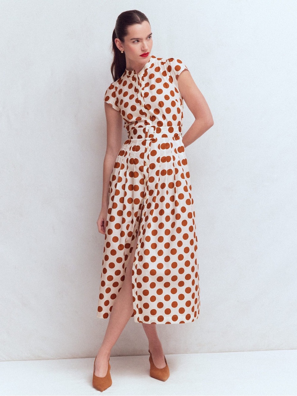 Boden Polka Dot Midi Dress in Cream and Brown